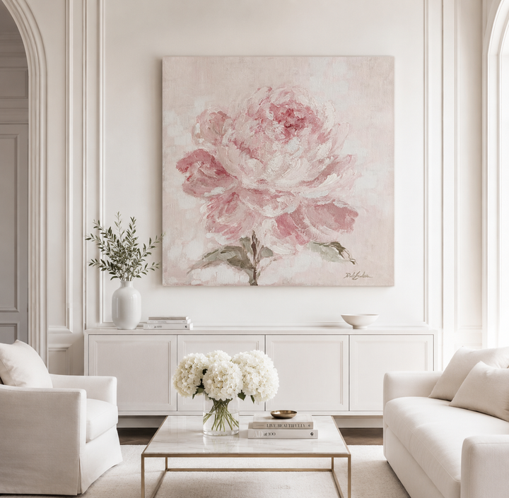 Blush of Morning Peony Print – Pink Floral Wall Art Canvas or Fine Art Paper Print