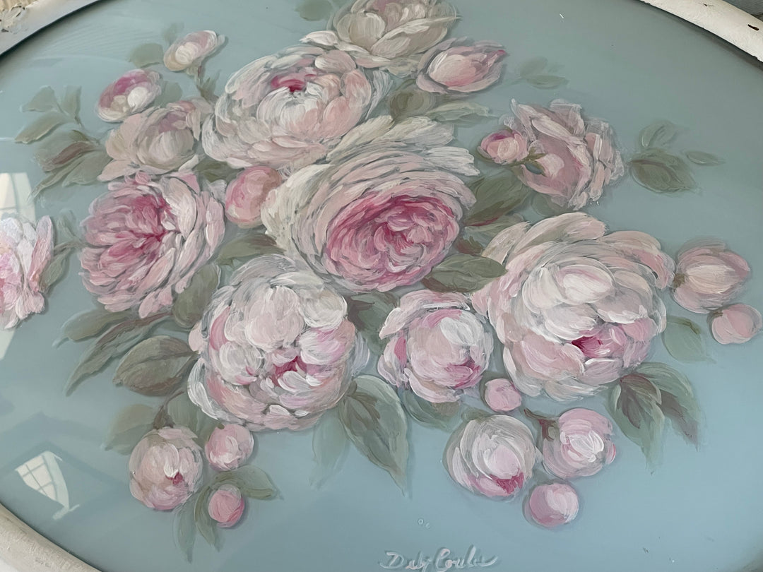 Shabby Chic Antique Peonies And Roses  Metal Framed Original Painting On Convex Glass by Debi Coules