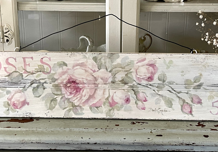 Shabby Chic Vintage Wooden Sign Print with Pink Roses and wire hanger by Debi Coules