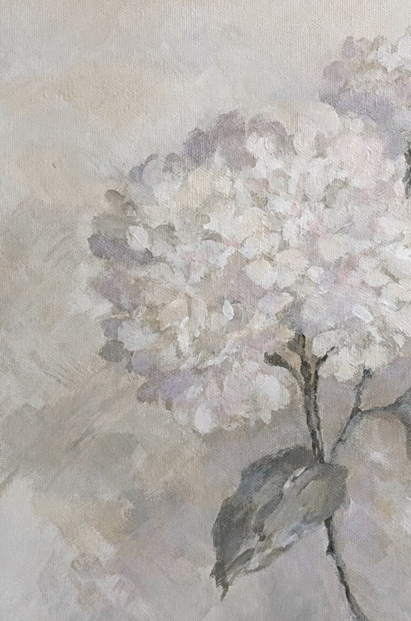 Closeup artistic depiction of a hydrangea bloom  with white flowers on a textured beige background