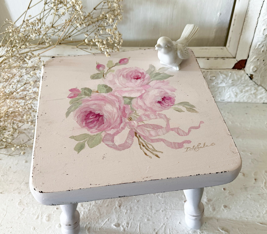 Shabby Chic Hand-Painted Vintage Pink Stool with Roses & Bow – Original by Debi Coules