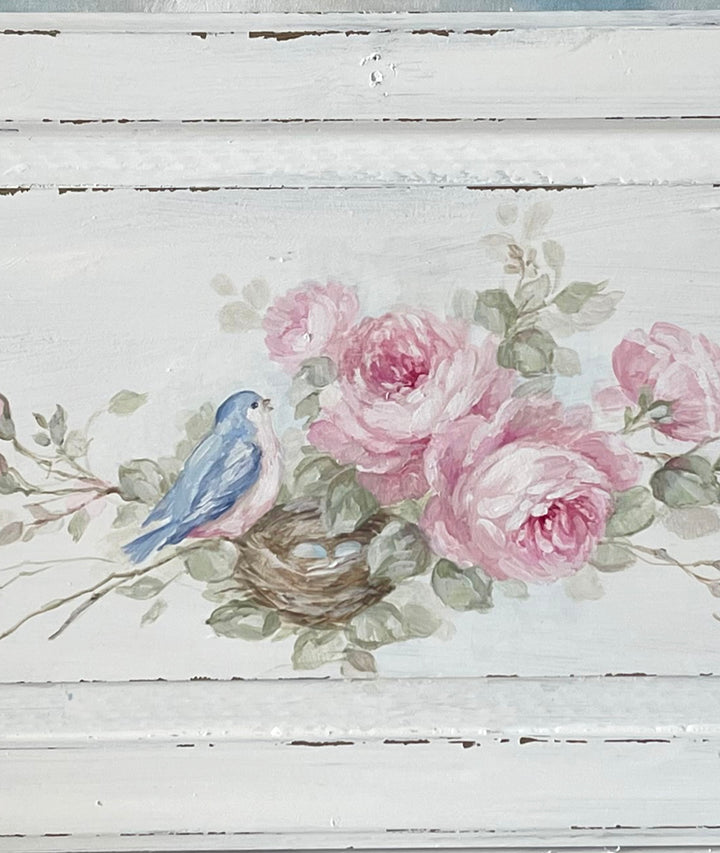 Shabby Chic Vintage Bluebird Roses and Nest Panel Romantic Original by Debi Coules