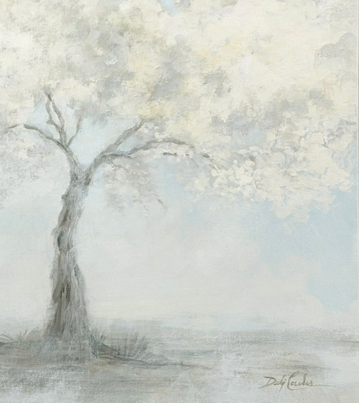 Whispered Blooms | Romantic White Blossom Tree Painting | Soft Blue & White Landscape | Original by Debi Coules