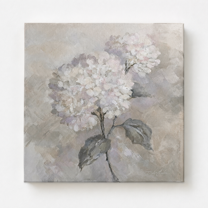 Floral hydrangea painting with soft colors on a textured background. Mounted on a white wall with shadow clearly showing depth.