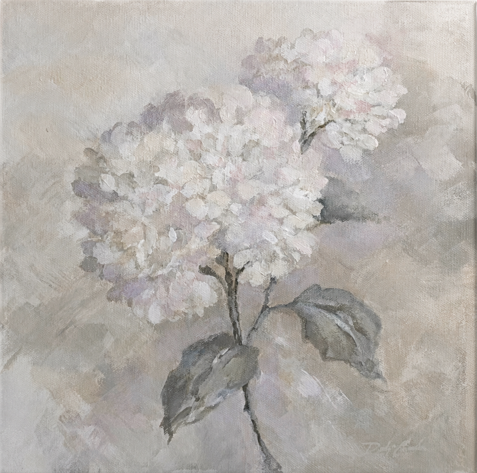 Artistic depiction of a white hydrangea flower painted in muted tones with a soft, textured background