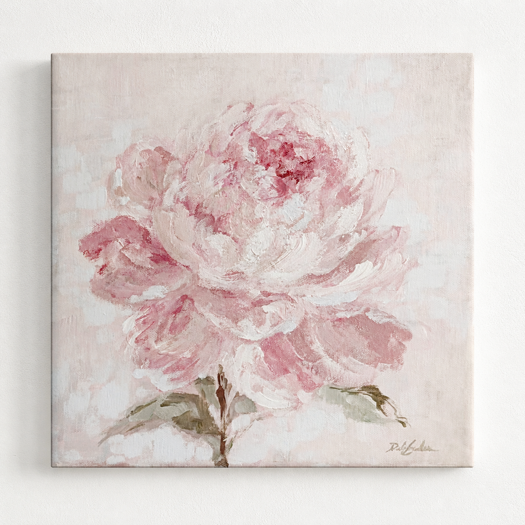 Canvas painting of a pink peonie on a pale pink background
