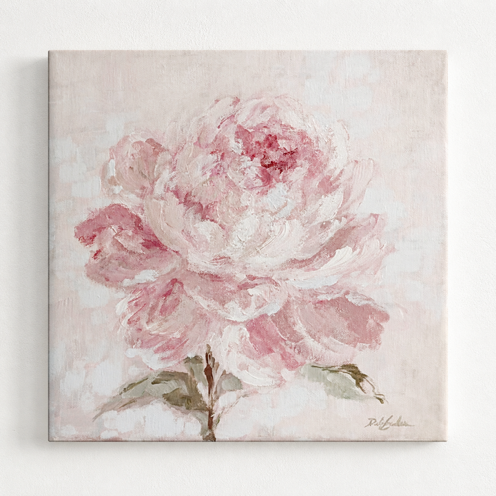 Canvas painting of a pink peonie on a pale pink background