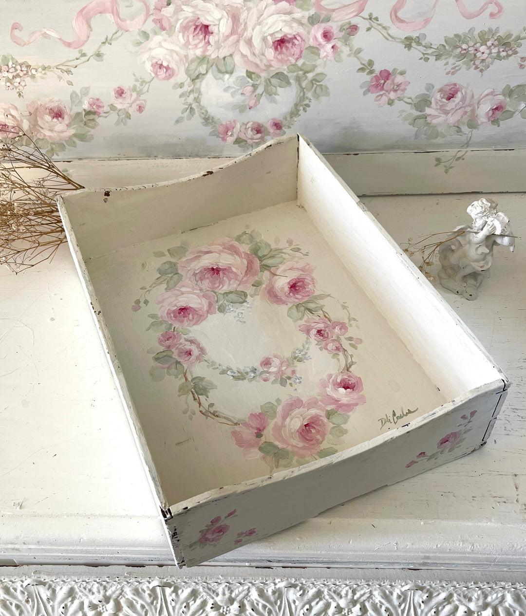 Shabby Chic Vintage Wood  Pink Roses Desk Tray Original by Debi Coules