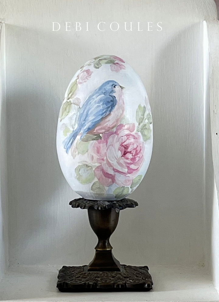 Shabby Chic Hand-painted Wooden Large Bluebirds and Roses Easter Egg Original by Debi Coules