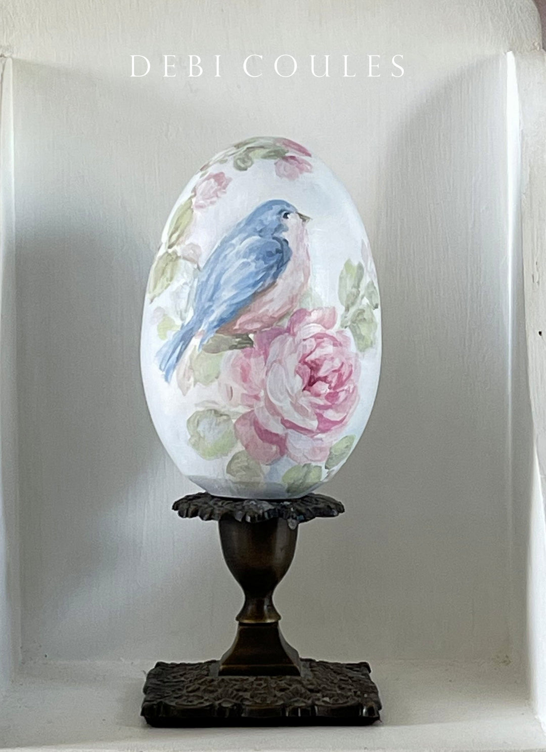 Shabby Chic Hand-painted Wooden Large Bluebirds and Roses Easter Egg Original by Debi Coules