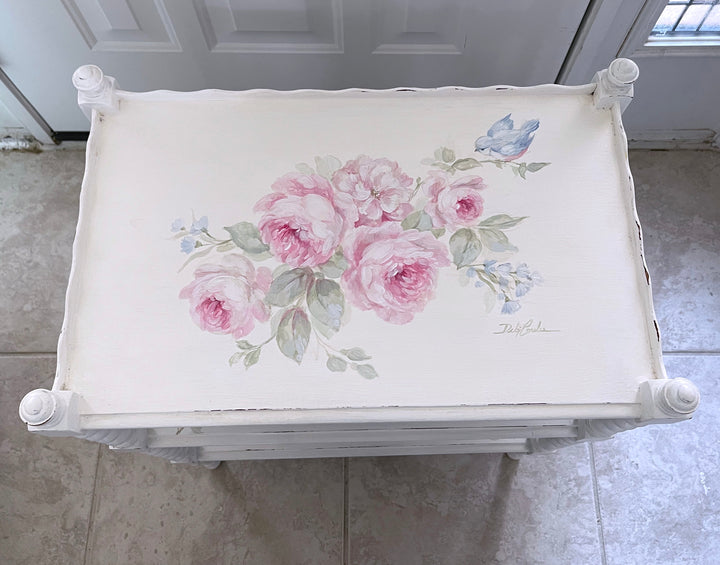 Shabby Chic Antique Hand-Painted Bluebird and Roses Table With Shelves Original by Debi Coules
