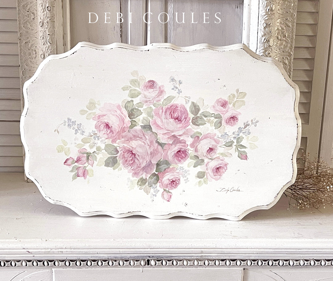 Shabby Chic Pink Roses Antique  Large Wall Plaque Wood Original by Debi Coules