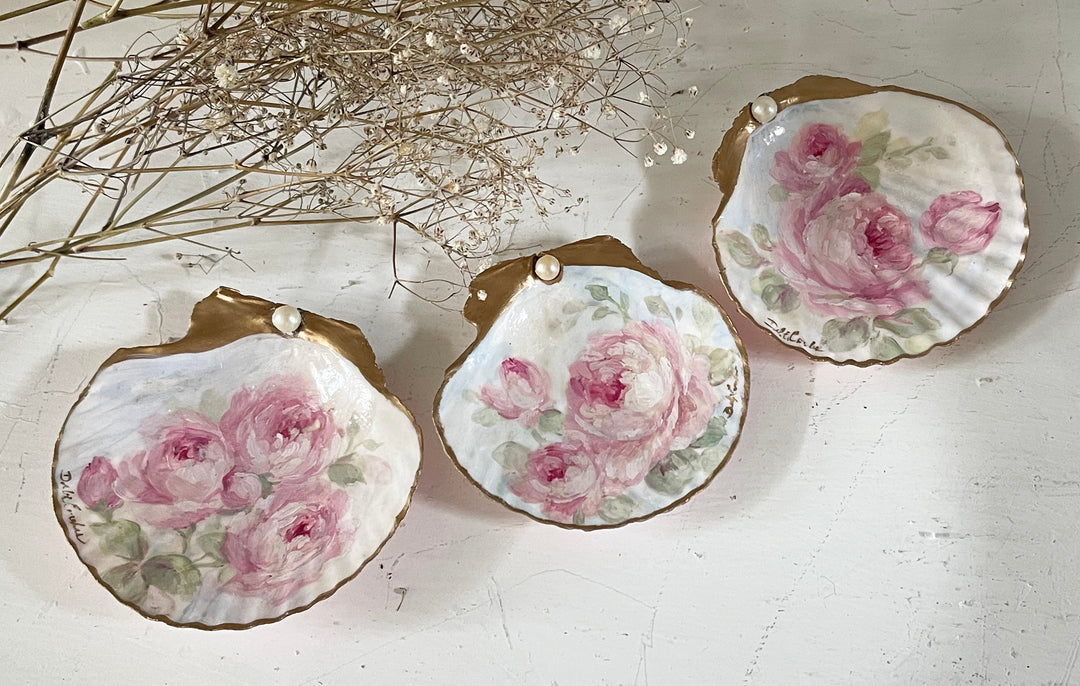 Shabby Chic Romantic Hand Painted Roses Shell Ring Dish Original by Debi Coules