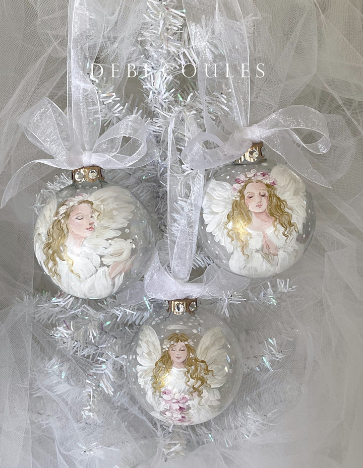 Angel With Dove Glass Globe Ornament Hand-Painted Swarovski Crystal Rhinestones Shabby Chic Original Debi Coules