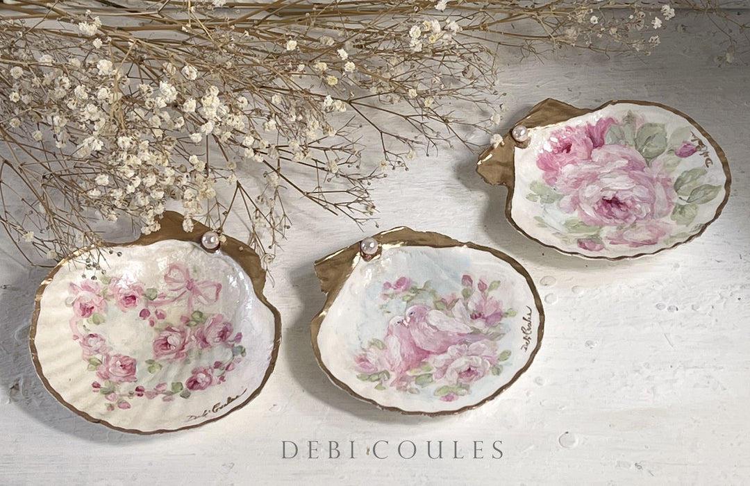 Pink Roses Hand Painted Trinket Shell Gold Leaf With Pink Pearl by Debi Coules