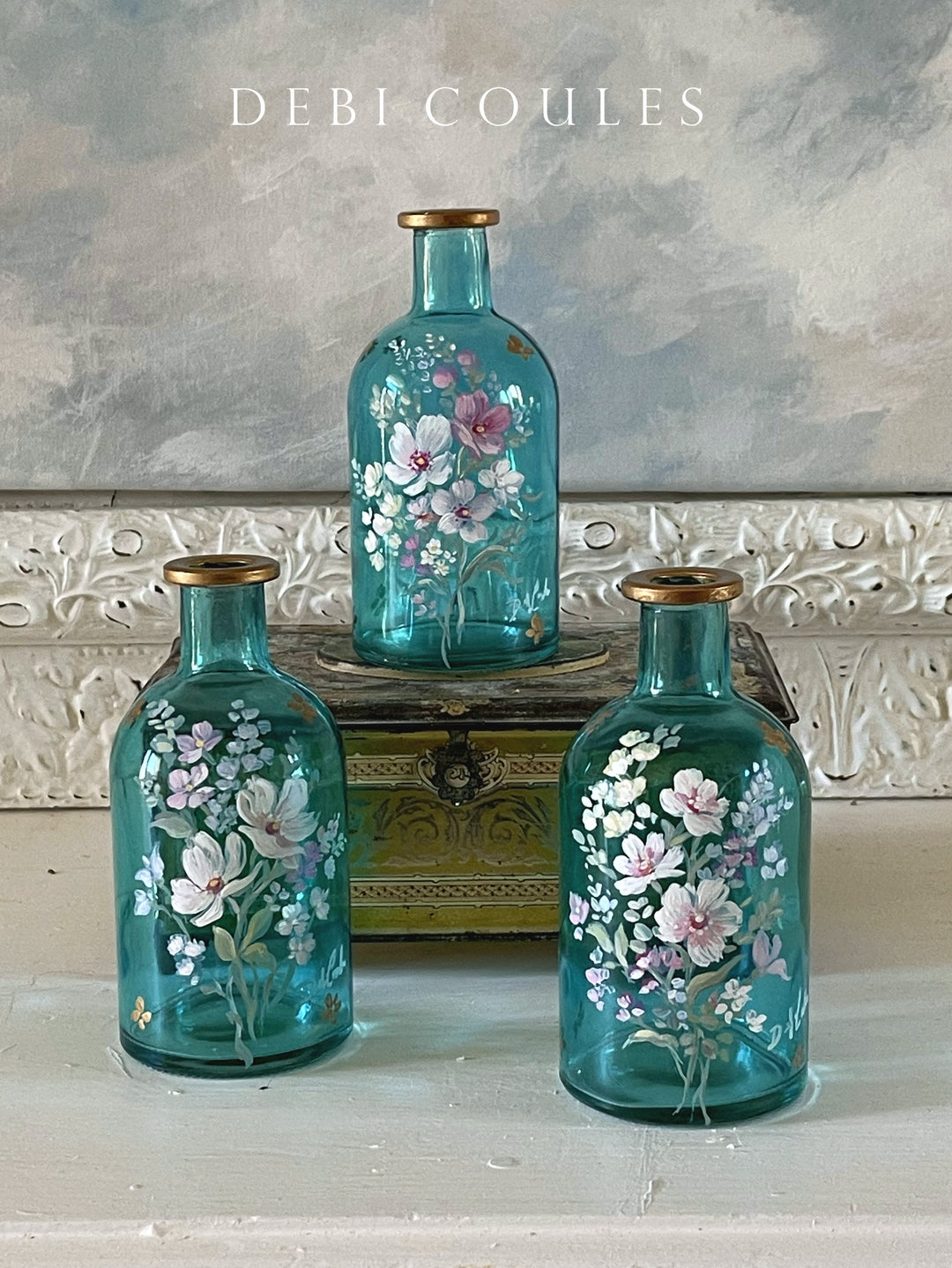 Shabby Chic Wildflower  Hand Painted Bud Vase Vintage Style Apothecary Bottle by Debi Coules