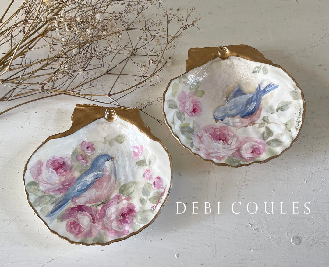 Shabby Chic Bluebird and Roses Painted Shell Ring Dish Romantic Original by Debi Coules