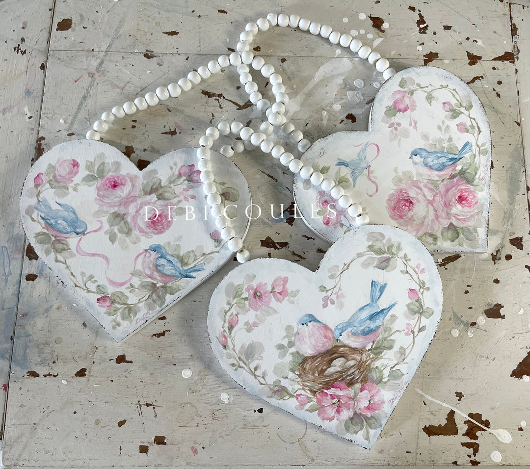 Debi Coules Hand Painted Bluebirds with Roses and Ribbon Wooden Heart – Shabby Chic Collectible