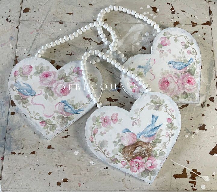 Debi Coules Hand Painted Bluebirds with Roses and Ribbon Wooden Heart – Shabby Chic Collectible
