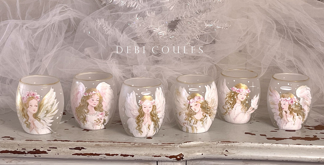 Original Hand-Painted Large Frosted Glass Angel Votive – Angel with Roses in Her Hair Holding a Dove, Accented with Gold Leaf by Debi Coules