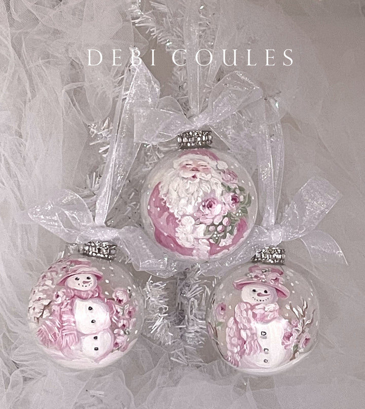 Pink Snowman Glass Globe Ornament Roses Rhinestones Shabby Chic Original Debi Coules