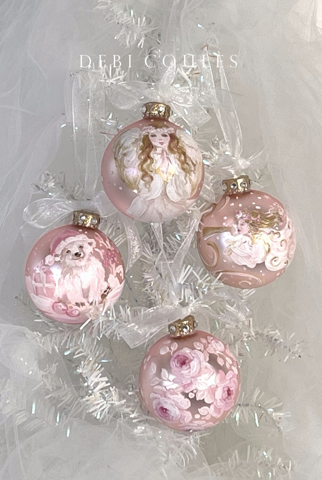 Hand-Painted Vintage Angel Glass Globe  Ornament Blush Pink with Gold Leaf and Swarovski Accents by Debi Coules