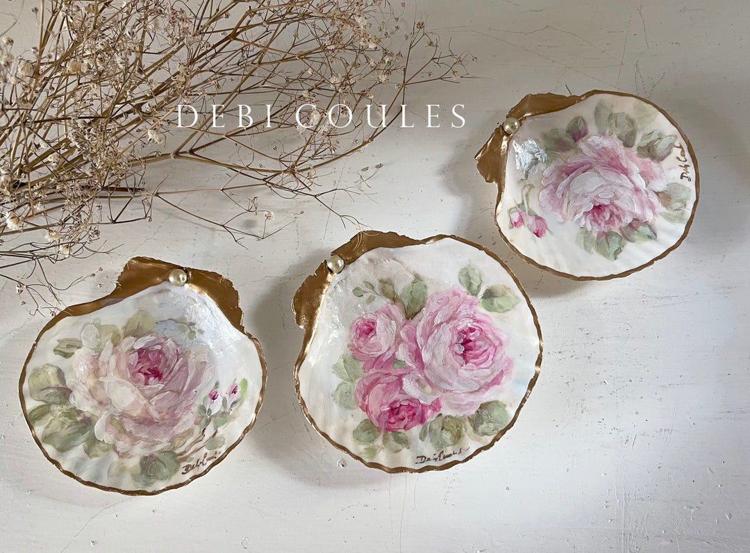 Shabby Chic Hand Painted Three Roses Shell Ring Dish Romantic Original by Debi Coules