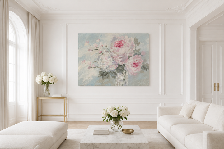 Gathered Whispers – Pink Peony & Hydrangea Floral Art Print | Romantic Cottagecore Wall Art | Canvas or Paper Print