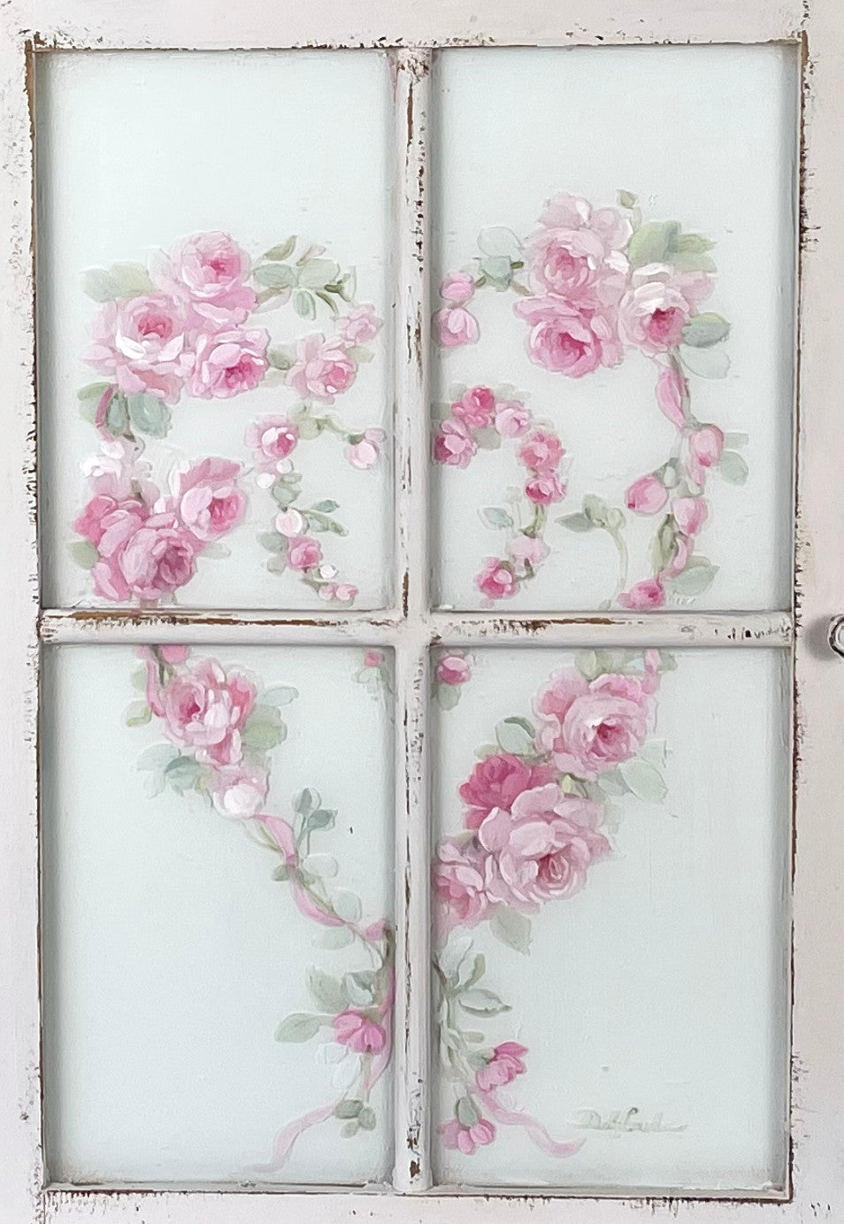 Vintage Hand Painted Glass Cabinet Door with Double Pink Rose Heart Wreath – Original by Debi Coules
