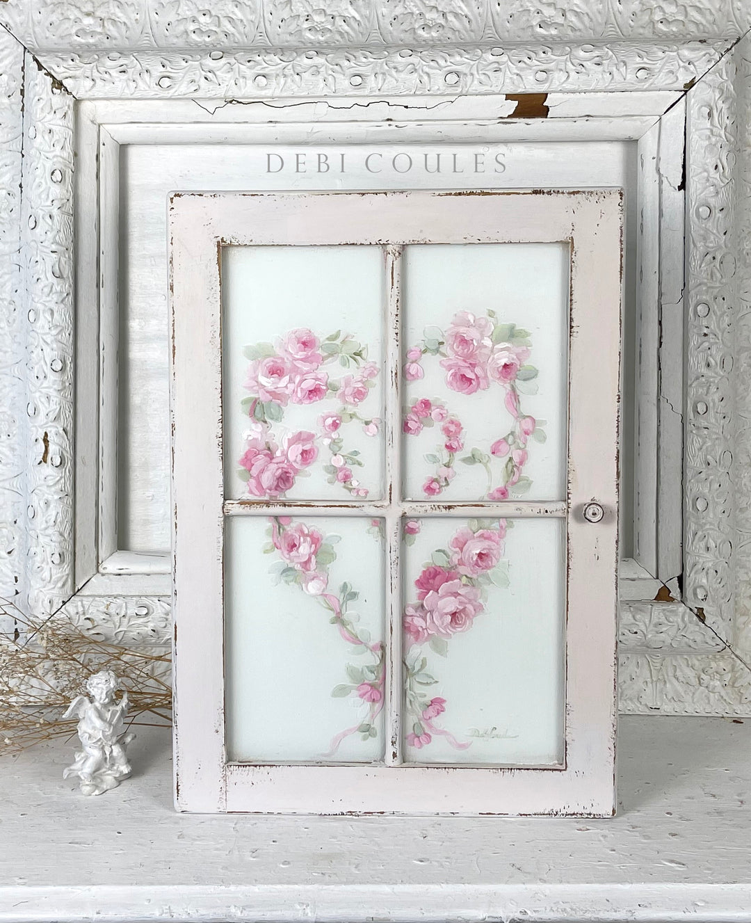 Vintage Hand Painted Glass Cabinet Door with Double Pink Rose Heart Wreath – Original by Debi Coules