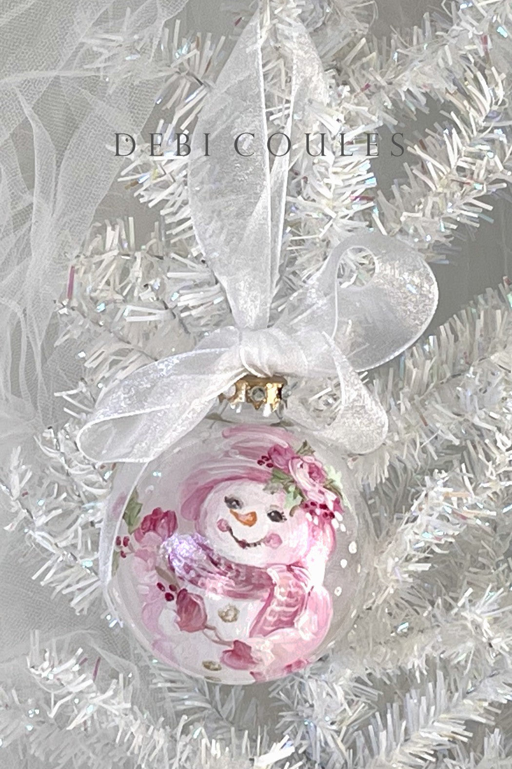 Shabby Chic Christmas glass ornament with a pink snowman design