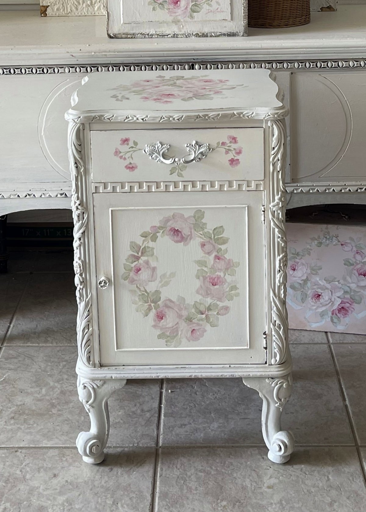 Shabby Chic Antique Ornate Hand Painted Roses Cabinet Side Table Origi ...