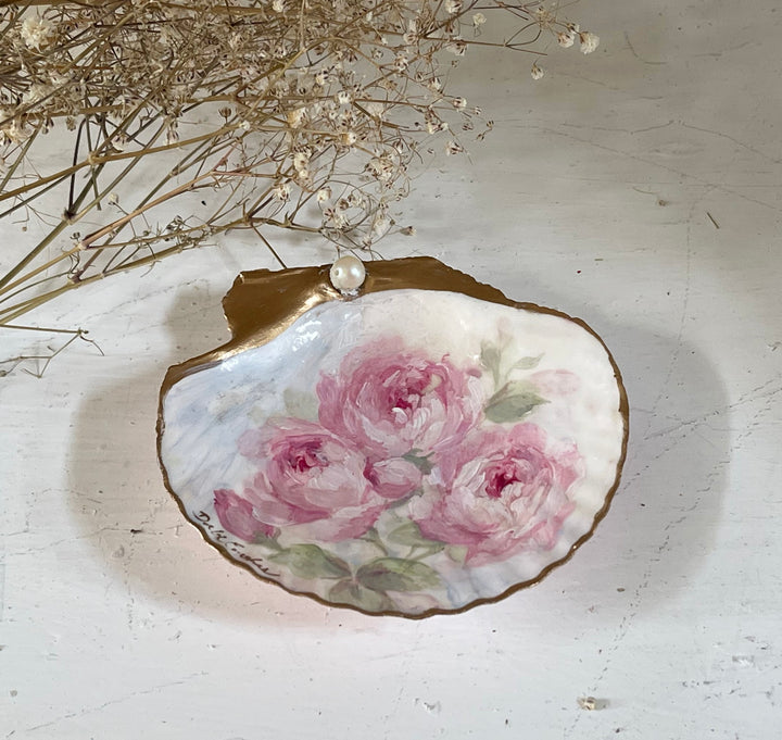 Shabby Chic Hand Painted Pink Roses Shell Ring Dish Original by Debi Coules