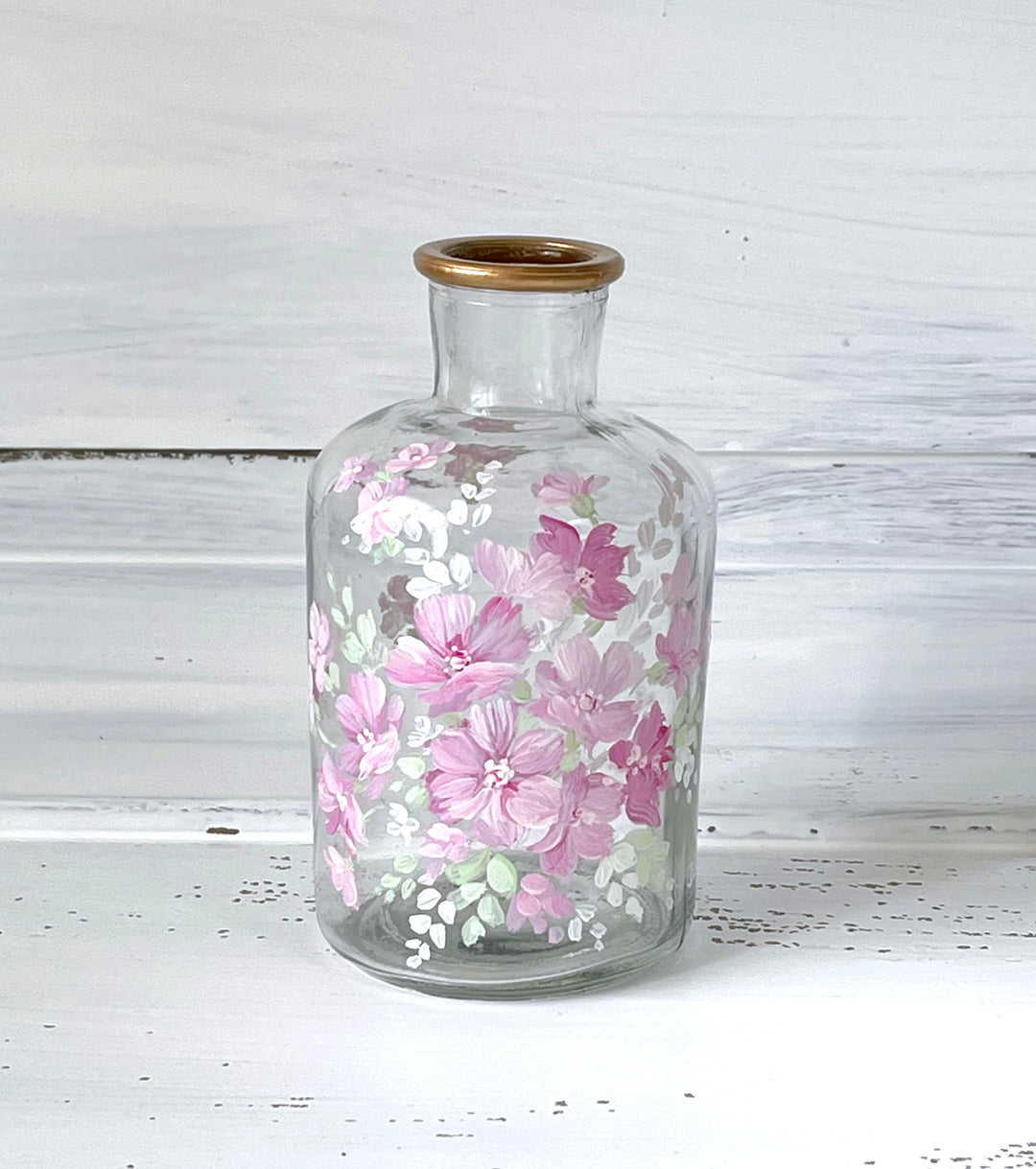 Shabby Chic Vintage Bottle Budvase Pink Wildflowers Original by Debi Coules
