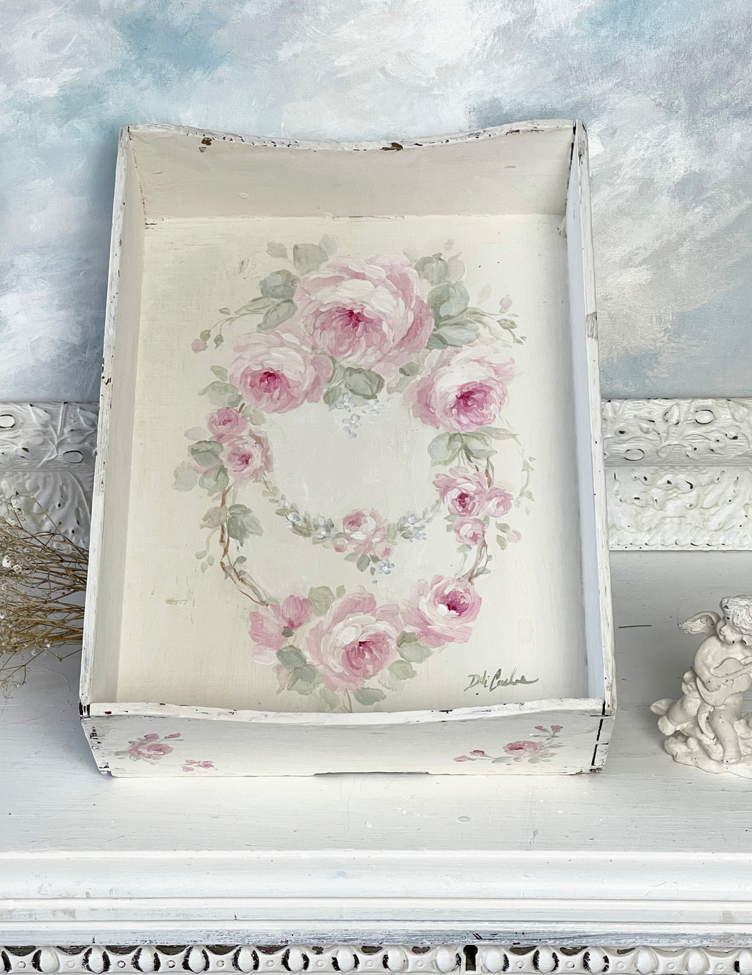 Shabby Chic Vintage Wood  Pink Roses Desk Tray Original by Debi Coules