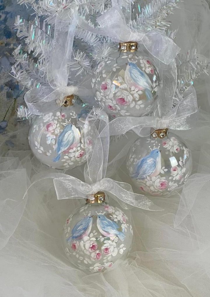 Shabby Chic Hand-Painted Bluebirds Roses and Rhinestones Iridescent Glass Globe Holiday Ornament by Debi Coules