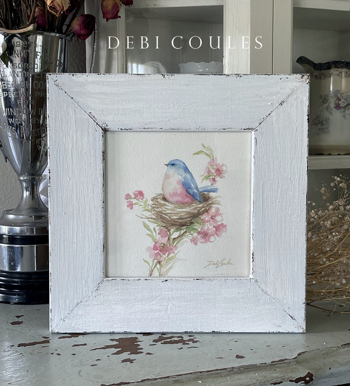 Shabby Chic OOAK Bluebird With Nest and Roses Original Watercolor Painting by Debi Coules