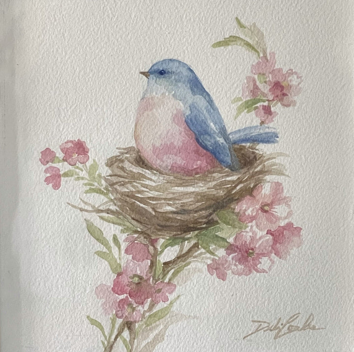 Shabby Chic OOAK Bluebird With Nest and Roses Original Watercolor Painting by Debi Coules