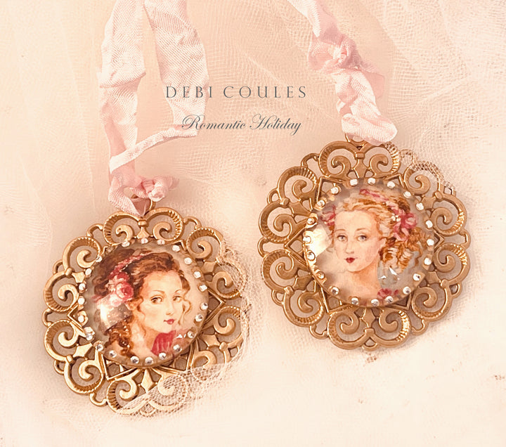 French Lady Cabochon Ornament Set with Gold Leaf and Swarovski Accents by Debi Coules