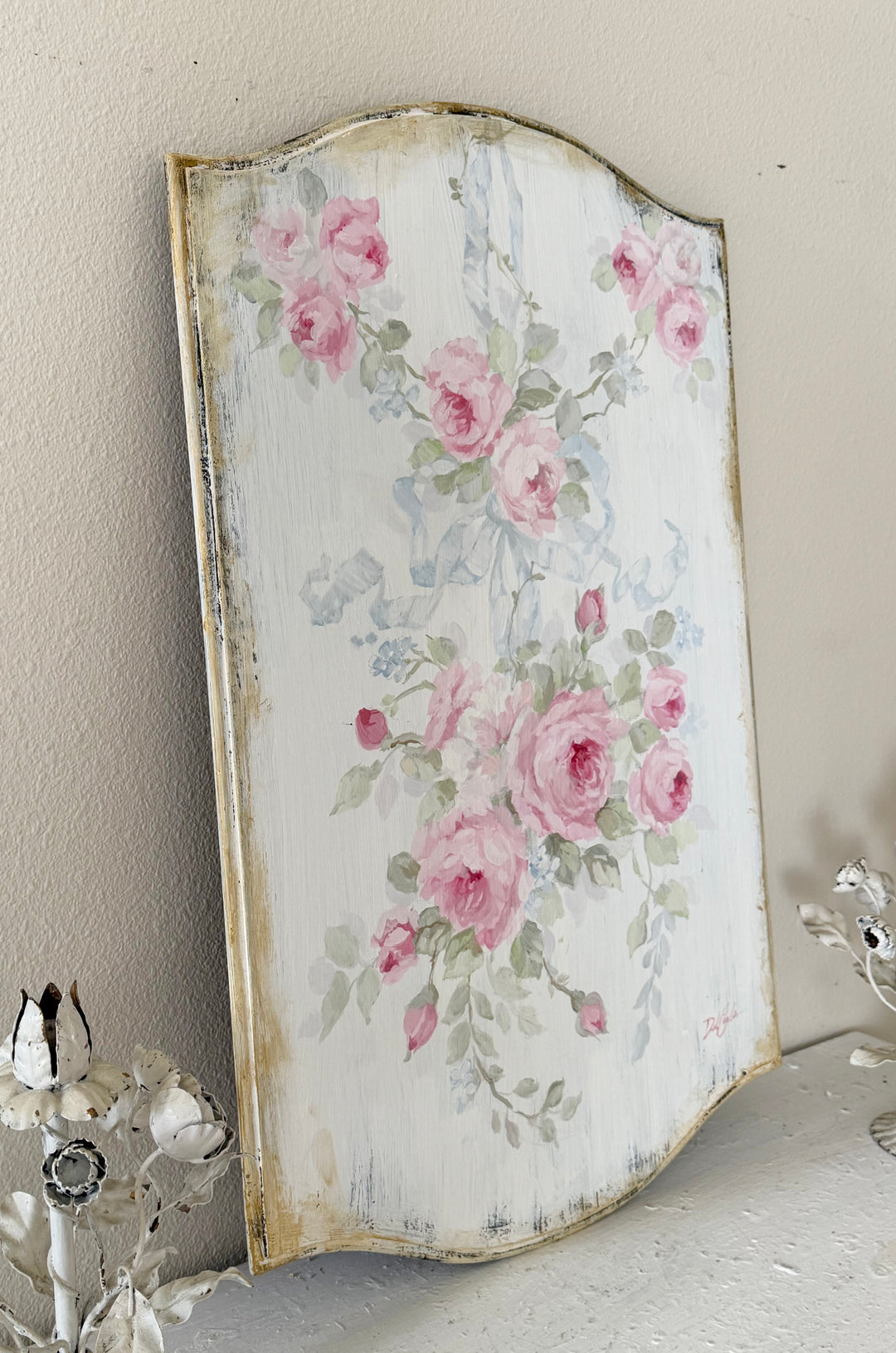 Hand-Painted French Country Roses on Antique Wood