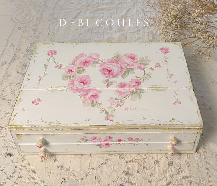 Shabby Chic Vintage Style Pink Rose Heart Writing Box Original by Debi Coules