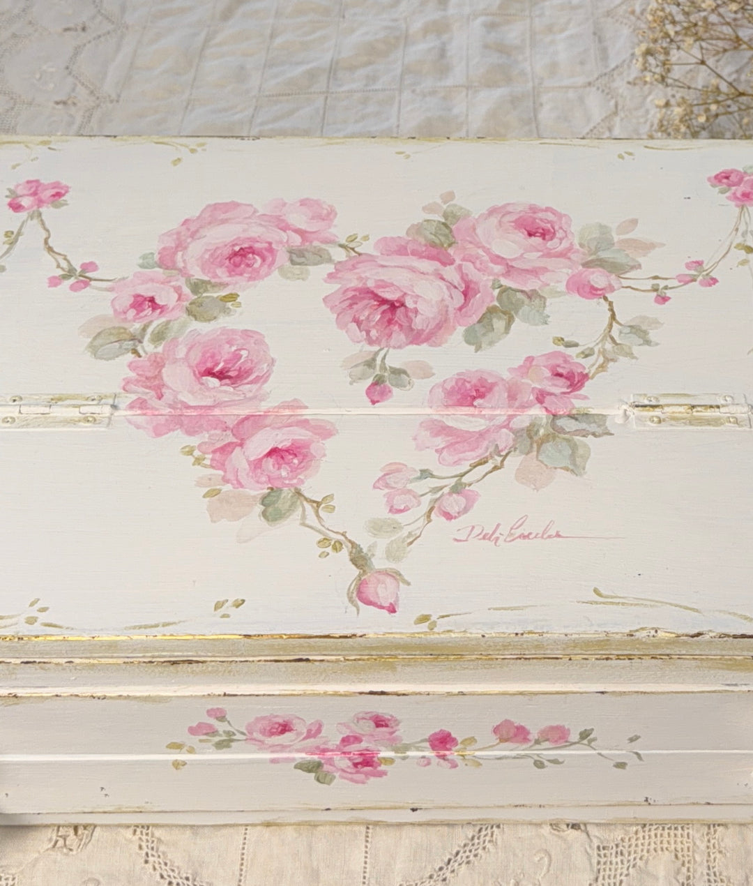 Shabby Chic Vintage Style Pink Rose Heart Writing Box Original by Debi Coules