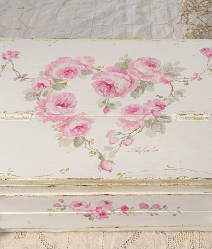 Shabby Chic Vintage Style Pink Rose Heart Writing Box Original by Debi Coules