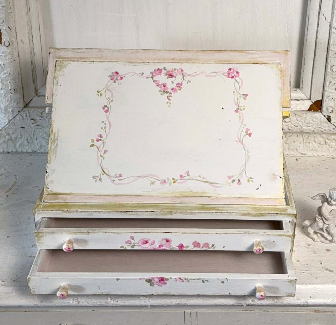 Shabby Chic Vintage Style Pink Rose Heart Writing Box Original by Debi Coules