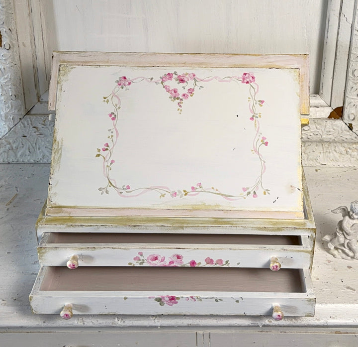 Shabby Chic Vintage Style Pink Rose Heart Writing Box Original by Debi Coules