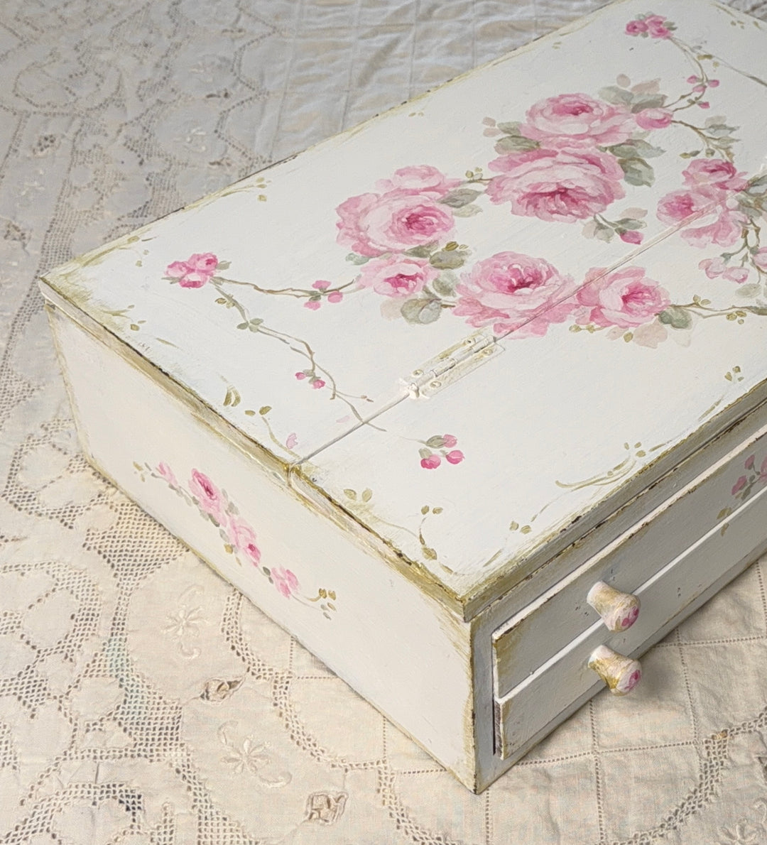 Shabby Chic Vintage Style Pink Rose Heart Writing Box Original by Debi Coules