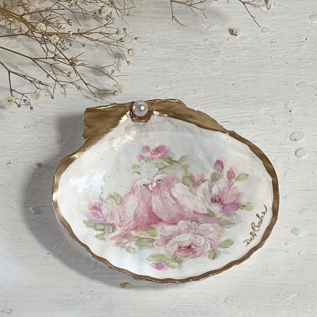 Pink Lovebirds and Roses Hand Painted Trinket Shell by Debi Coules