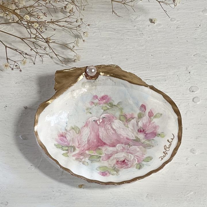 Pink Lovebirds and Roses Hand Painted Trinket Shell by Debi Coules