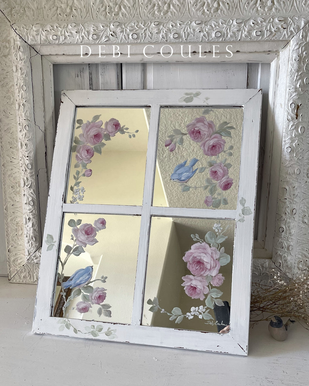 Shabby Chic Romantic Vintage  Bluebird and Roses Mirror Original by Debi Coules