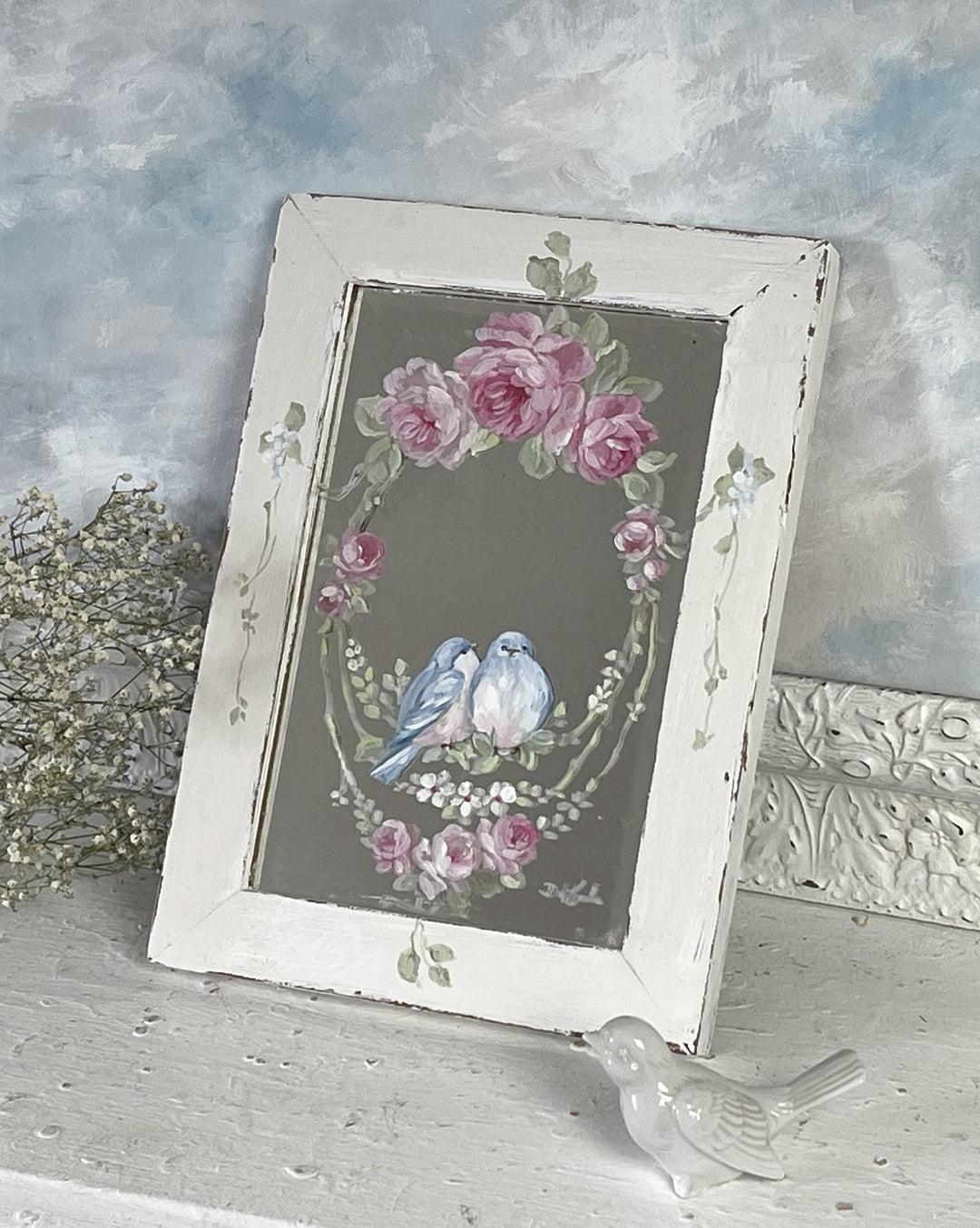Vintage Wooden Framed Beveled Mirror with Hand-Painted Rose and Bluebirds – Shabby Chic Cottage Charm by Debi Coules
